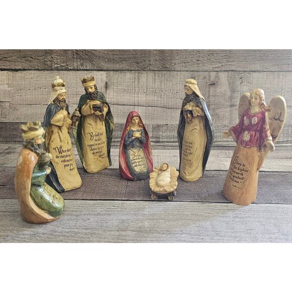 7 Piece Set Resin NATIVITY Bible Verse 6-7" Figurines Old World Style Christmas - Picture 1 of 7